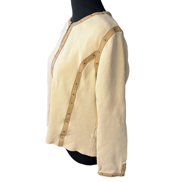 Sigrid Olsen Silk Blend Tan Leather Trim Long Sleeve Crew Neck Cardigan Size MP - Picture 2 of 8